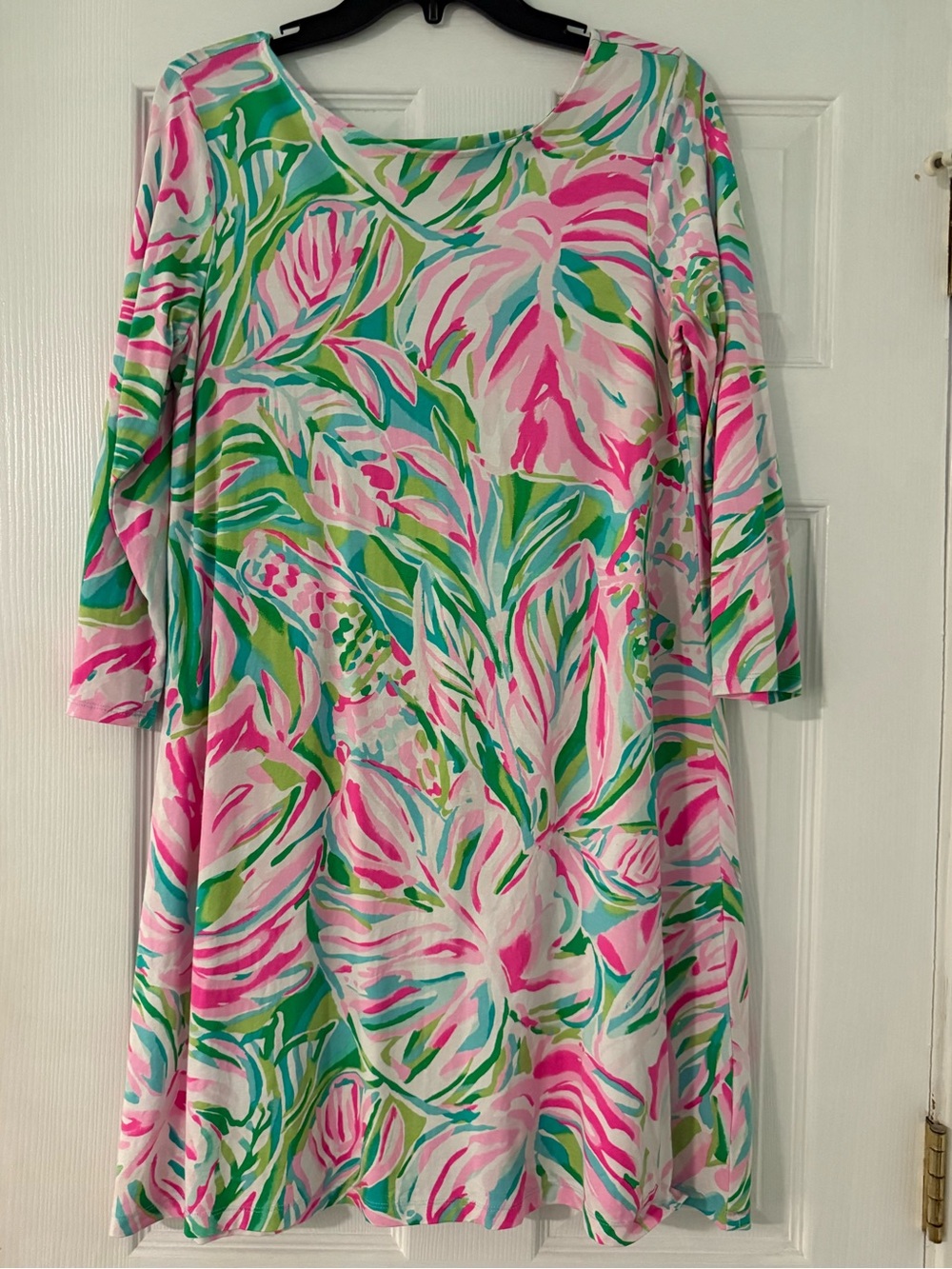 Lilly Pulitzer Pink Green Turquoise Floral Print Dress 3/4 Sleeve Ladder Back